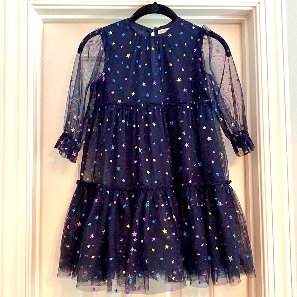 Navy tulle crewcuts dress with metallic stars and sheer sleeves. Size 7